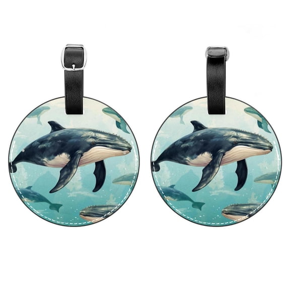 HemaKayy 2 Pack Luggage Tags, PU Leather Round Luggage Bag Tags, Shoulder Bag, Case Tag for Women Men Travel, Premium Suitcase Labels with Privacy Cover and Security Card - Ocean Sea Whale