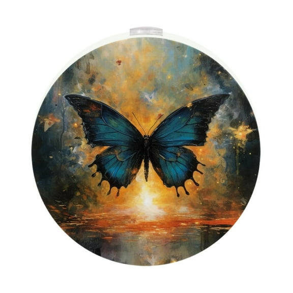HemaKayy 2 Pack Round Automatic Sensor Dusk-to-Dawn LED Night Lights | Warm Sweet Wall Night Light for Home | Energy-Saving Dusk-to-Dawn Nightlight - Blue Butterfly Painting