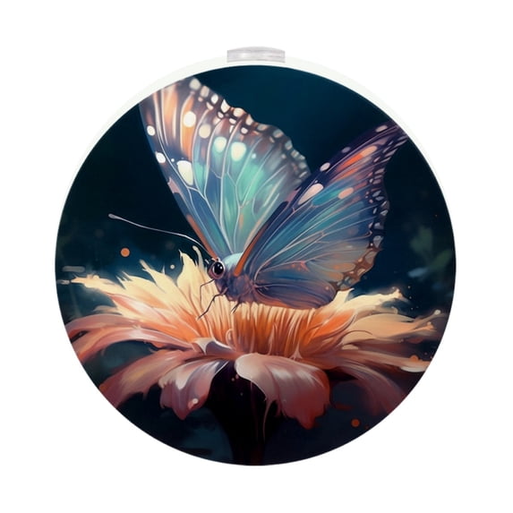 HemaKayy 2 Pack Round Automatic Sensor Dusk-to-Dawn LED Night Lights | Warm Sweet Wall Night Light for Home | Energy-Saving Dusk-to-Dawn Nightlight - Blue Butterfly Pink Flower