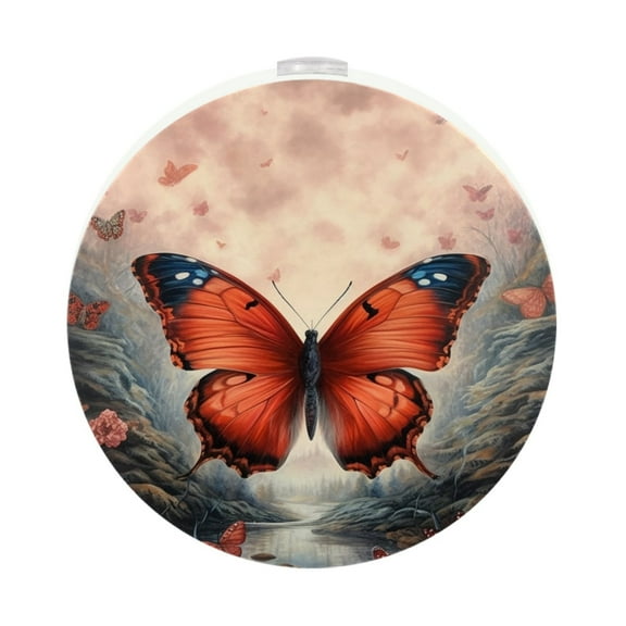 HemaKayy 2 Pack Round Automatic Sensor Dusk-to-Dawn LED Night Lights | Warm Sweet Wall Night Light for Home | Energy-Saving Dusk-to-Dawn Nightlight - Red Butterfly Forest