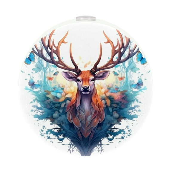 HemaKayy 2 Pack Round Automatic Sensor Dusk-to-Dawn LED Night Lights | Warm Sweet Wall Night Light for Home | Energy-Saving Dusk-to-Dawn Nightlight - Deer and Blue Forest