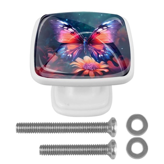 HemaKayy 4 Pack 1.18" Decorative Cabinet Knobs - Durable ABS Glass Handles for Cabinets, Drawers, and More - Enhance Your Home Kitchen Bedroom Furniture Decor - Purple Pink Butterfly Flowers