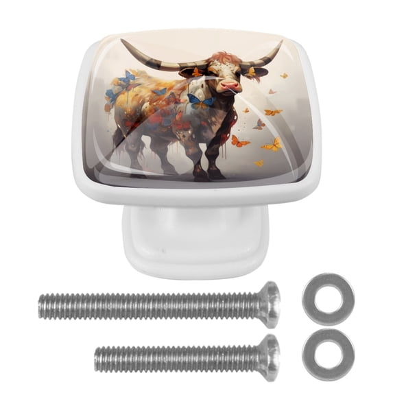 HemaKayy 4 Pack 1.18" Decorative Cabinet Knobs - Durable ABS Glass Handles for Cabinets, Drawers, and More - Enhance Your Home Kitchen Furniture Decor - Cow Surrounded by Colorful Butterflies