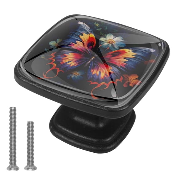 HemaKayy 4 Pack 1.18" Decorative Cabinet Knobs - Stylish ABS Glass Double Hole Handles for Cabinets, Drawers, and Doors - Perfect for Home Kitchen Decor | Blue Red Butterfly on Daisy Bush