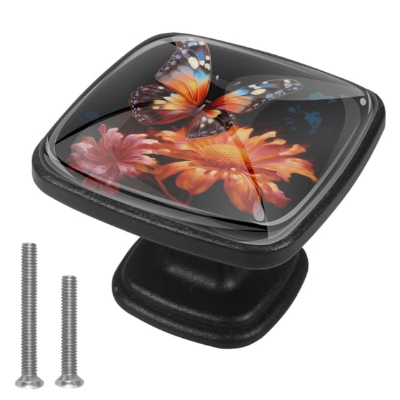 HemaKayy 4 Pack 1.18" Decorative Cabinet Knobs - Stylish ABS Glass Double Hole Handles for Cabinets, Drawers, and Doors - Perfect for Home Kitchen Decor | Colorful Butterfly on Chrysanthemum Bush