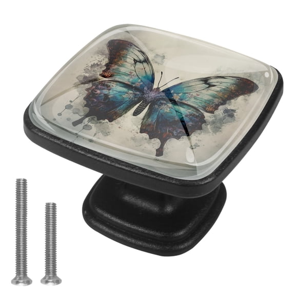 HemaKayy 4 Pack 1.18" Decorative Cabinet Knobs - Stylish ABS Glass Double Hole Handles for Cabinets, Drawers, and Doors - Perfect for Home Kitchen Furniture Decor | Blue Butterfly Ink Painting