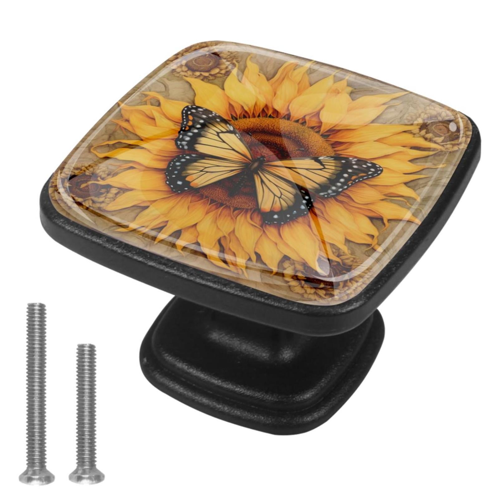 HemaKayy 4 Pack 1.18" Decorative Cabinet Knobs - Stylish ABS Glass Double Hole Handles for Cabinets, Drawers, and Doors - Perfect for Home Kitchen Furniture Decor | Sunflower and Yellow Butterfly