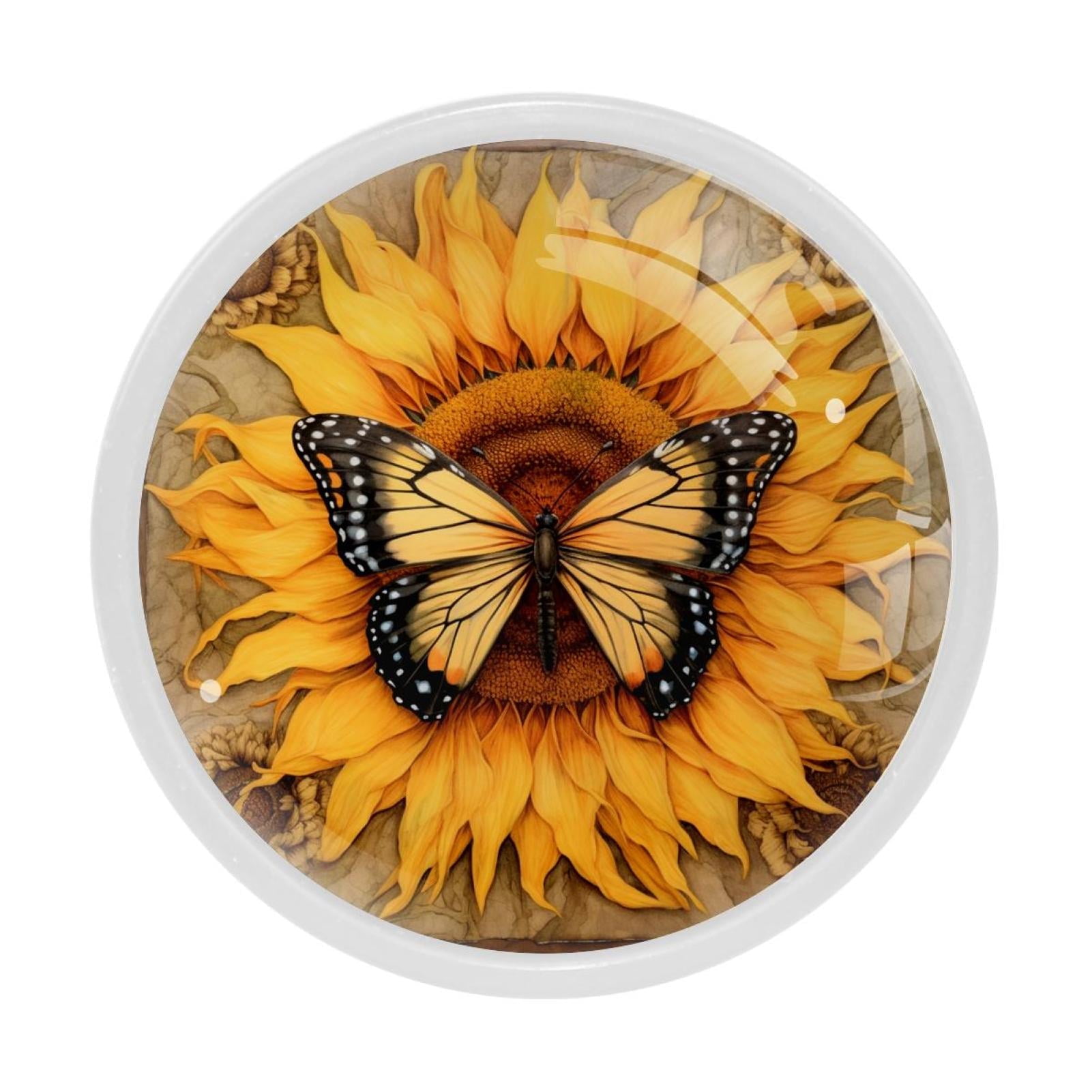 HemaKayy 4 Pack 1.3" Decorative Cabinet Knobs - Add Elegance to Your Handles and Pulls for Home, Kitchen, Bedroom, Furniture Decor - Unique and Exquisite Design - Sunflower and Yellow Butterfly