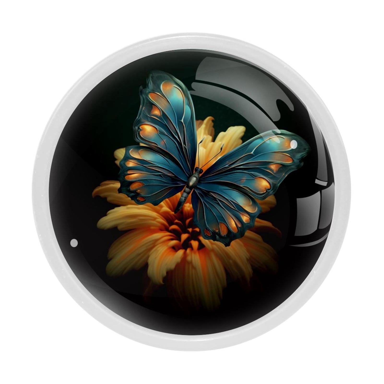 HemaKayy 4 Pack 1.3" Decorative Cabinet Knobs - Add Elegance to Your Handles and Pulls for Home, Kitchen, Furniture Decor - Unique and Exquisite Design - Turquoise Blue Butterfly Lily Flower