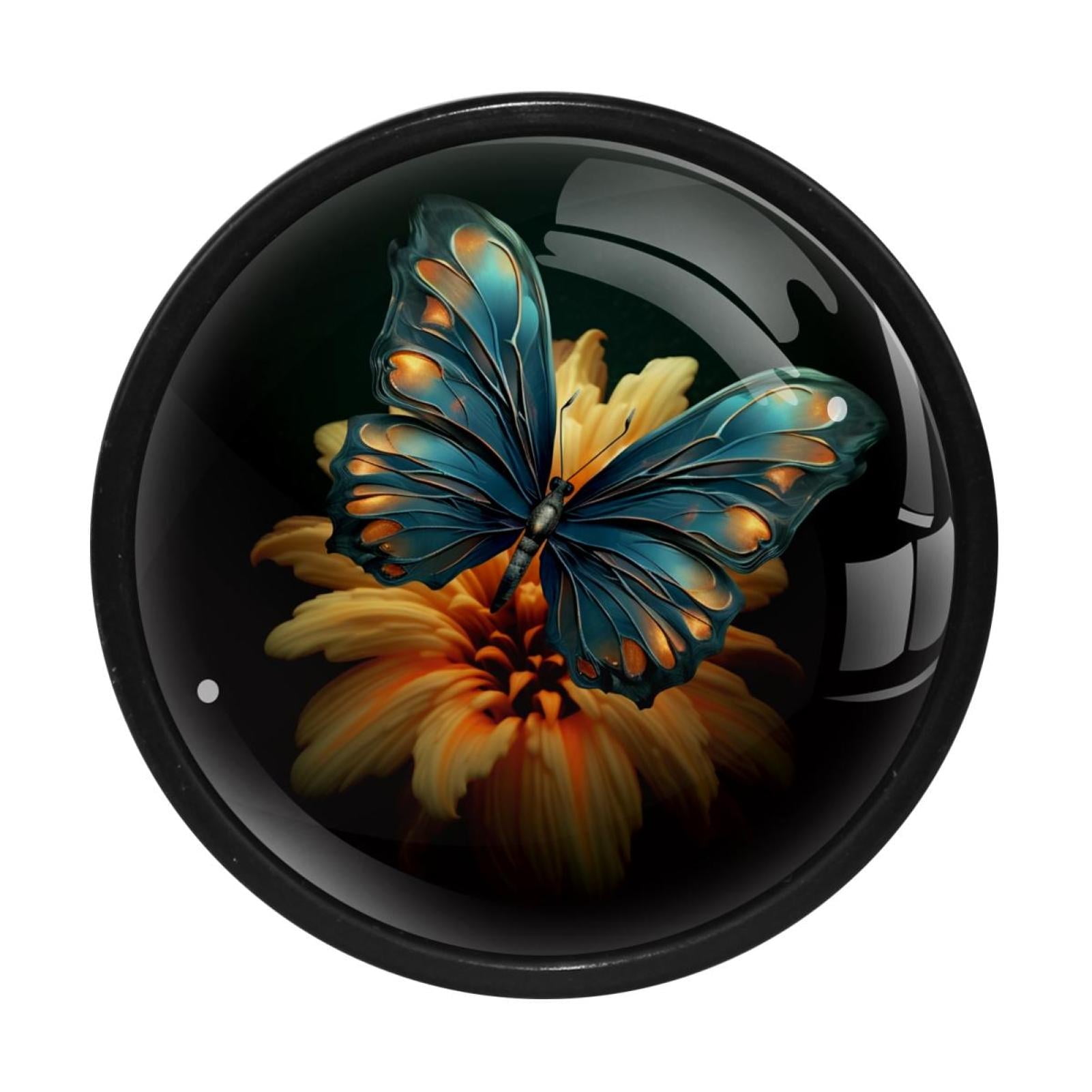 HemaKayy 4 Pack 1.3" Decorative Cabinet Knobs - Unique Design for Home Kitchen Bedroom Furniture Decor - Durable ABS Cabochon Glass Materials - Easy Installation - Turquoise Blue Butterfly Lily Flower