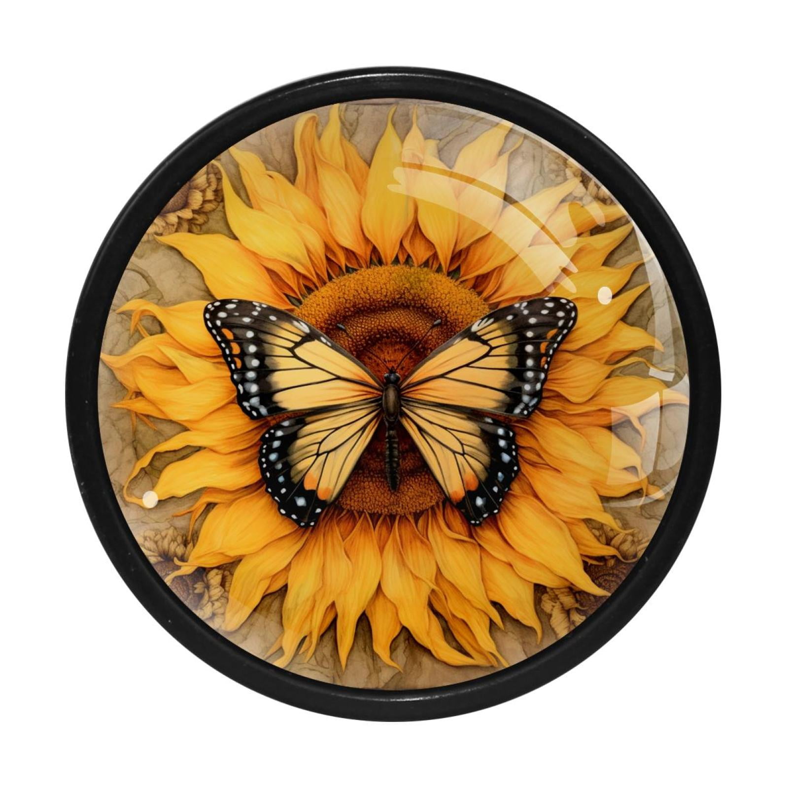 HemaKayy 4 Pack 1.3" Decorative Cabinet Knobs - Unique Design for Home Kitchen Bedroom Furniture Decor - Durable ABS Cabochon Glass Materials - Easy Installation - Sunflower and Yellow Butterfly