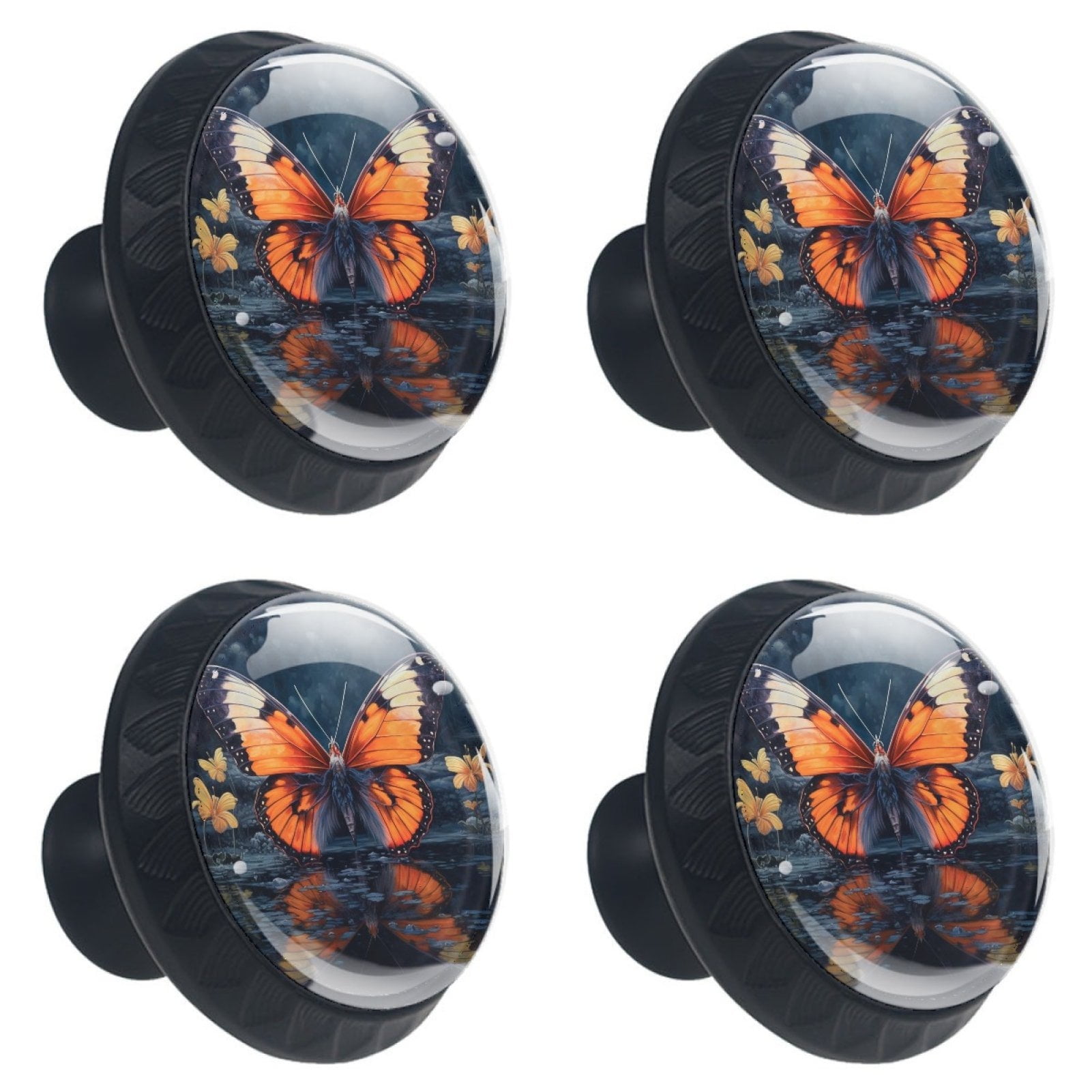 HemaKayy 4 Pack 1.37" Decorative Cabinet Knobs - Durable ABS Glass Handles for Home, Kitchen, Bedroom, and Furniture Decor | Unique Design Pulls for Drawer Doors | Orange Butterfly Water Reflect
