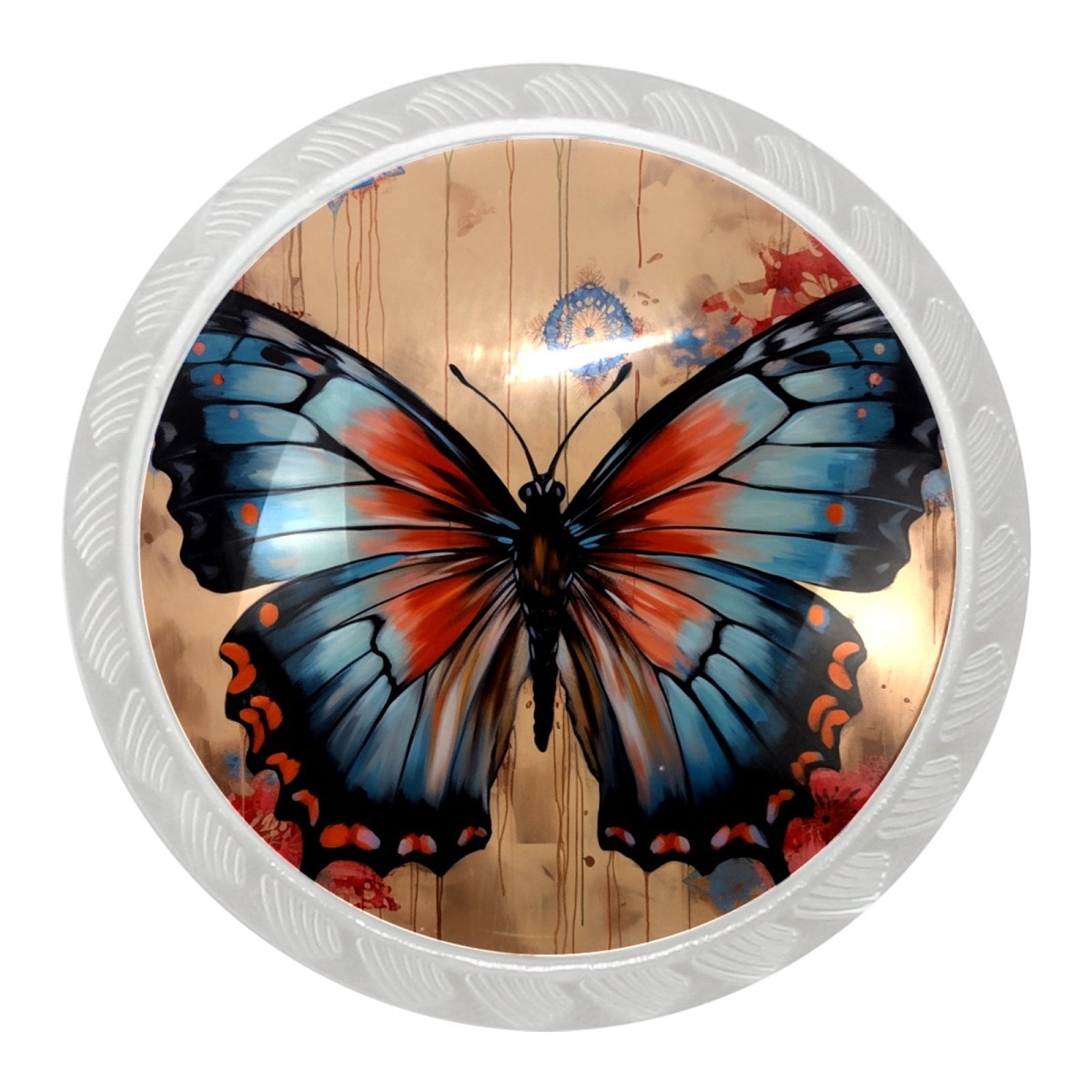 HemaKayy 4 Pack 1.37" Decorative Cabinet Knobs - Elegant ABS Glass Handles for Home Furniture Decor - Dresser Drawer Door Pulls - Perfect for Kitchen Bedroom - Blue Butterfly Ink Paint Flowers