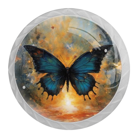 HemaKayy 4 Pack 1.37" Decorative Cabinet Knobs - Elegant Door Handles for Home Kitchen Bedroom Furniture Decor | ABS Resin with Glass Finish | Easy Installation | Blue Butterfly Ink Dye Painting