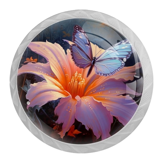 HemaKayy 4 Pack 1.37" Decorative Cabinet Knobs - Elegant Door Handles for Home Kitchen Furniture Decor | ABS Resin with Glass Finish | Blue Butterfly on Pink Lily Flower