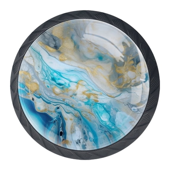 HemaKayy 4 Pack 1.37" Decorative Marble Cabinet Knobs - Stylish & Unique Dresser Handles for Furniture, Kitchen, Bedroom | Durable ABS Cabochon Glass | Upgrade Your Home Today! - Grey Blue Gold