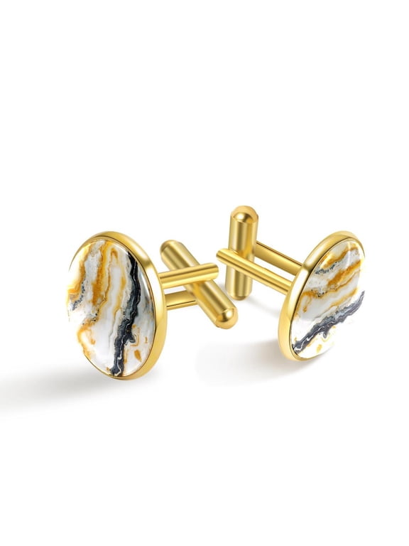 Cufflinks for Men, Classic Wedding Business Shirt Cuff Links Personalized Gifts Father Grandfather Dad Husband Boyfriend Tie Clip, Round - Gold - Unique Marble Texture
