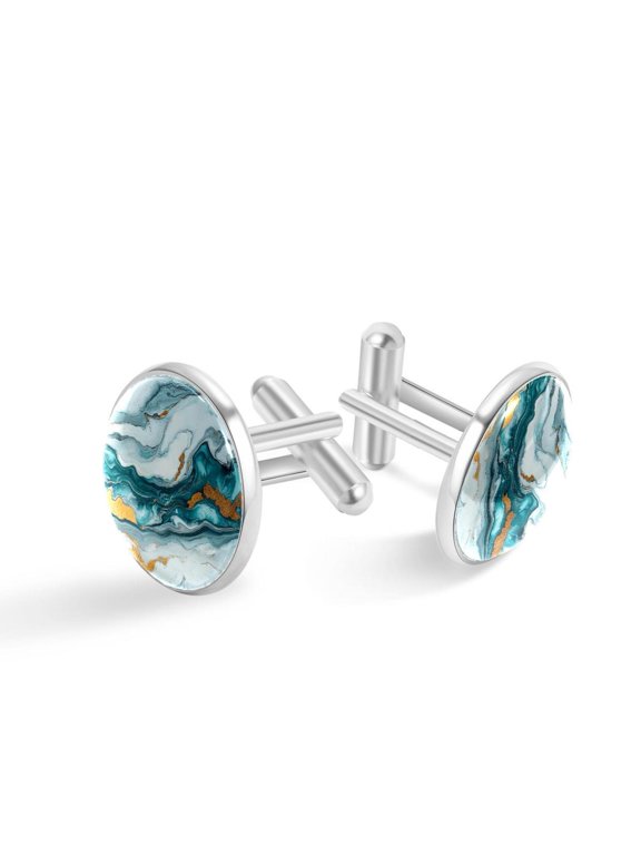 Cufflinks for Men, Classic Wedding Business Shirt Cuff Links Personalized Gifts Father Grandfather Dad Husband Boyfriend Tie Clip, Round - Sliver - Unique Marble Texture