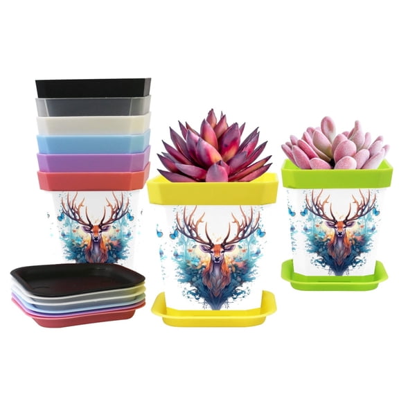 HemaKayy Decorative Planter Pot Set - Perfect for Small Plants - Colorful Design With Drainage Hole - Ideal for Home, Garden, Indoor and Outdoor Decor - Set of 8 - Deer and Blue Forest