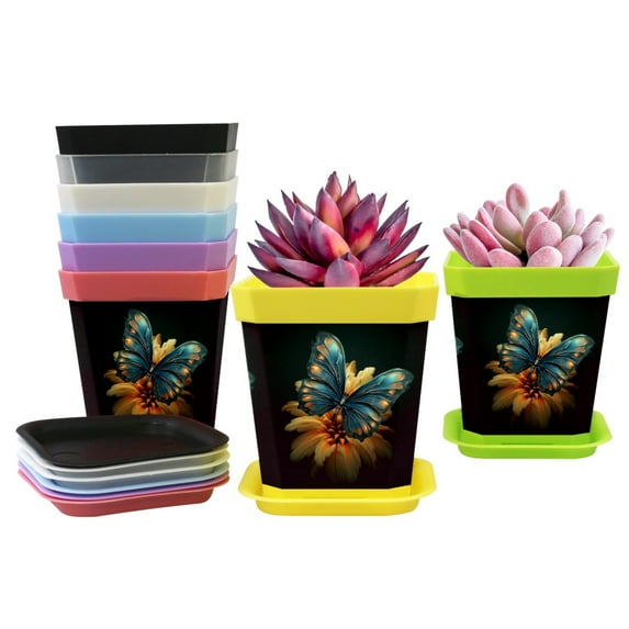 HemaKayy Decorative Planter Pot Set - Perfect for Small Plants - Colorful Design With Drainage Hole - Ideal for Home, Garden, Indoor and Outdoor Decor - Set of 8 - Turquoise Butterfly Lily