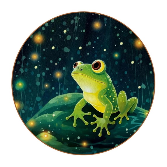 HemaKayy Set of 6 Decorative Coasters for Drinks, Waterproof Leather Drink Coaster with Double Side Non-Slip Surface for Cup Kitchen Home Housewarming Gift, Round 4.3" - Forest Frog Animal