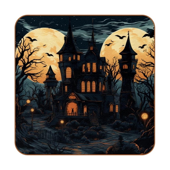 HemaKayy Set of 6 Decorative Coasters for Drinks, Waterproof Leather Drink Coaster with Double Side Non-Slip Surface for Cup Kitchen Home Housewarming Gift, Square 4" - Halloween Castle