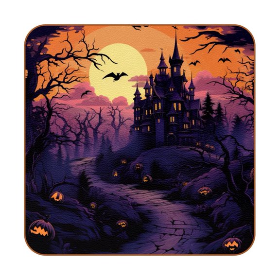 HemaKayy Set of 6 Decorative Coasters for Drinks, Waterproof Leather Drink Coaster with Double Side Non-Slip Surface for Cup Kitchen Home Housewarming Gift, Square 4" - Halloween Castle