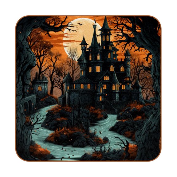 HemaKayy Set of 6 Decorative Coasters for Drinks, Waterproof Leather Drink Coaster with Double Side Non-Slip Surface for Cup Kitchen Home Housewarming Gift, Square 4" - Halloween Castle