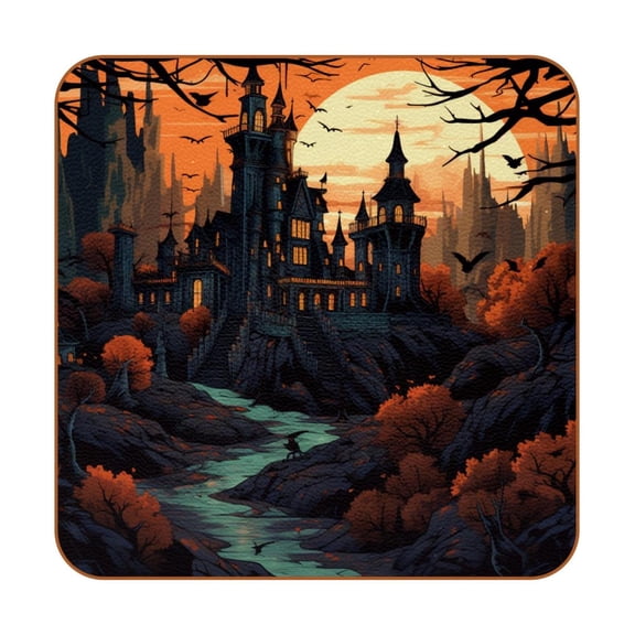 HemaKayy Set of 6 Decorative Coasters for Drinks, Waterproof Leather Drink Coaster with Double Side Non-Slip Surface for Cup Kitchen Home Housewarming Gift, Square 4" - Halloween Castle