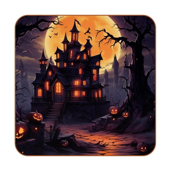 HemaKayy Set of 6 Decorative Coasters for Drinks, Waterproof Leather Drink Coaster with Double Side Non-Slip Surface for Cup Kitchen Home Housewarming Gift, Square 4" - Halloween Castle