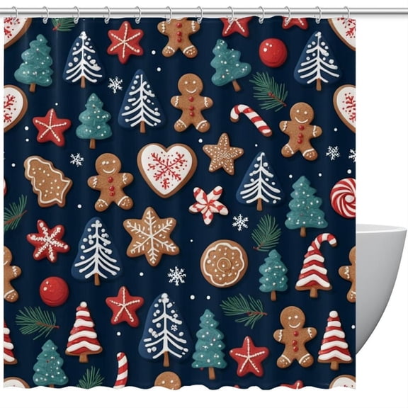 HemaKeyy Multicolor Polyester Shower Curtain with Hooks Christmas Biscuit