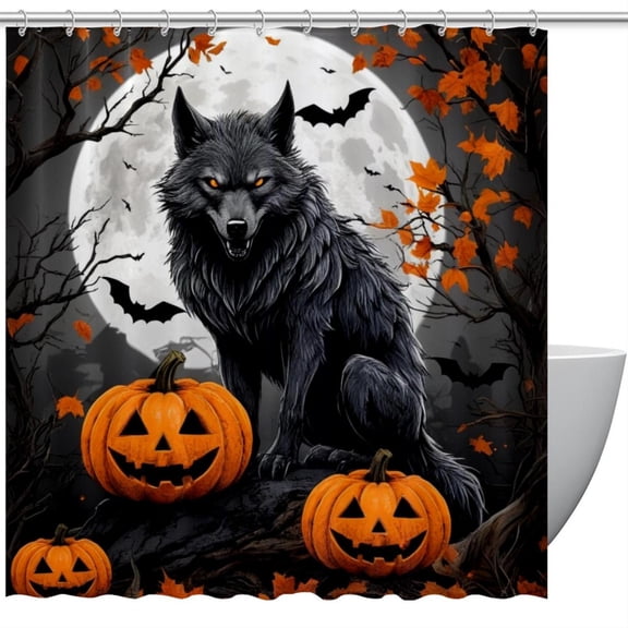 HemaKeyy Multicolor Polyester Shower Curtain with Hooks Full Moon Night Black Wolf Pumpkin