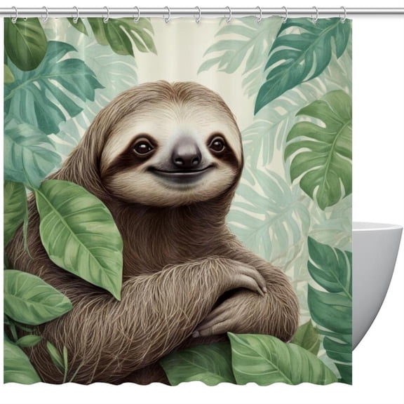 HemaKeyy Multicolor Polyester Shower Curtain with Hooks Happy Sloth Leaves Green