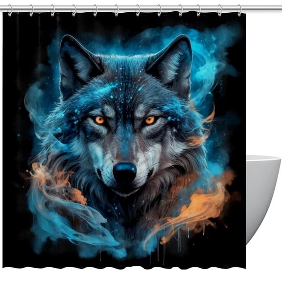 HemaKeyy Multicolor Polyester Shower Curtain with Hooks Red Blue Flame Wolf