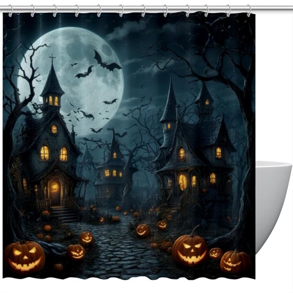 HemaKeyy Multicolor Polyester Shower Curtain with Hooks Silent Night Skull Castle