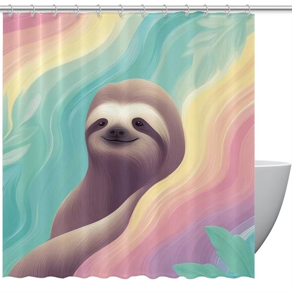 HemaKeyy Multicolor Polyester Shower Curtain with Hooks Sloth Rainbow Current