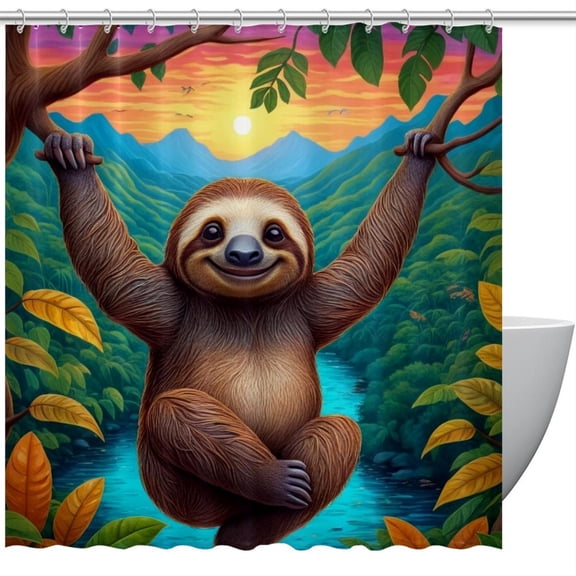 HemaKeyy Multicolor Polyester Shower Curtain with Hooks Sunset Playing Sloth