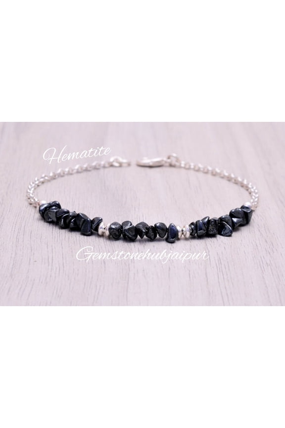 Hematite 3-4mm Nugget Chips Shape Rough Cut Beads 7 inch Silver Plated Clasp Bracelet for men, women, unisex. Link Chain Stacking Bracelet.|LINK_03648