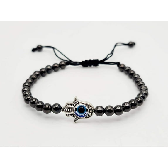 Hematite Bracelet, Beaded bracelet for concentration Focus Silver Tone Evil Eye