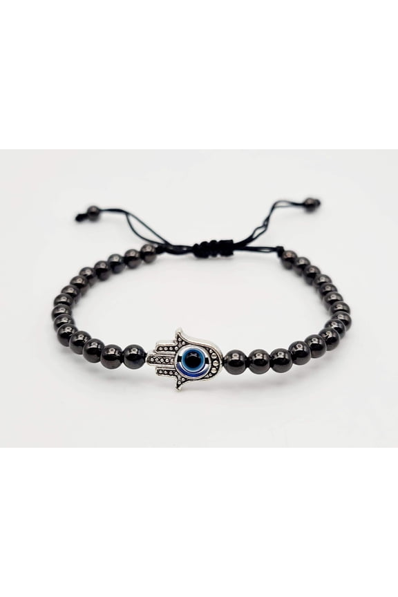 Hematite Bracelet, Beaded bracelet for concentration Focus Silver Tone Evil Eye