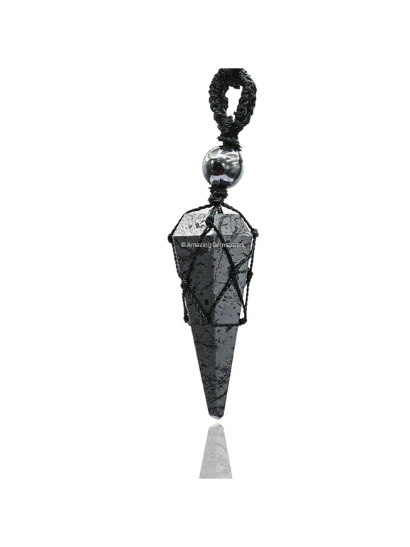 Hematite Crystal Stone Holder Necklace Pendulum, Unique Women Men Necklace (Black Macrame)