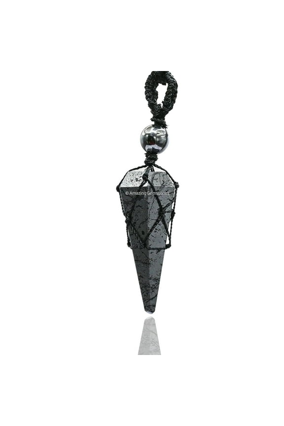 Hematite Crystal Stone Holder Necklace Pendulum, Unique Women Men Necklace (Black Macrame)