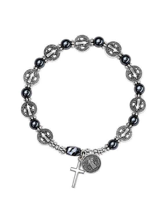Hematite Flat Round Saint Benedict Cross Beaded Adjustable Stretch Bracelet Silver Black T119
