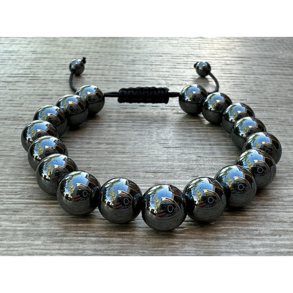 Hematite Gemstone Round Bead Adjustable Bracelet 10mm, Genuine Crystal Bead Bracelet, Gift for Men & Women (Hematite)