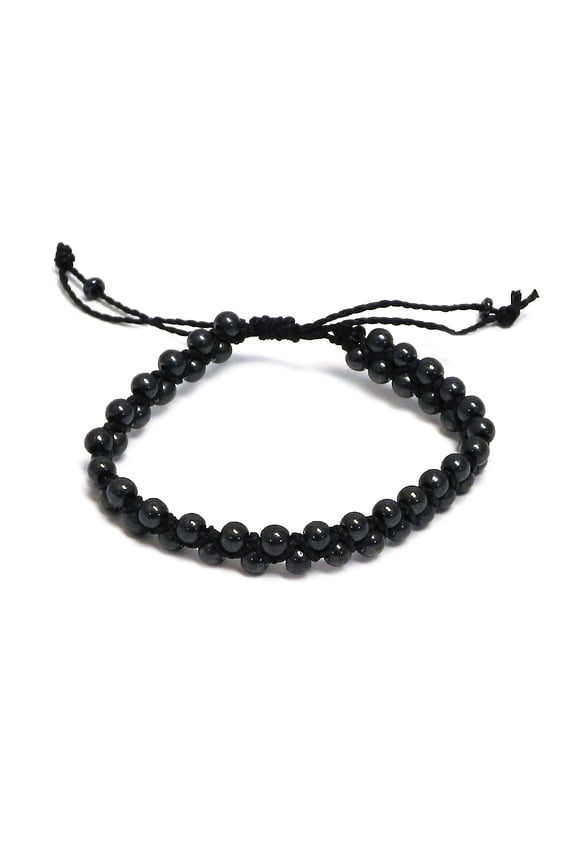 Hematite Healing Gemstone Crystal Beaded Macramé Braided String Adjustable Pull Tie Bracelet - Handmade Jewelry Boho Accessories