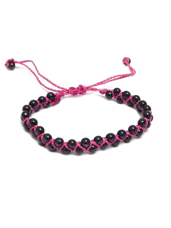 Hematite Healing Gemstone Crystal Beaded Macramé Braided String Adjustable Pull Tie Bracelet - Handmade Jewelry Boho Accessories