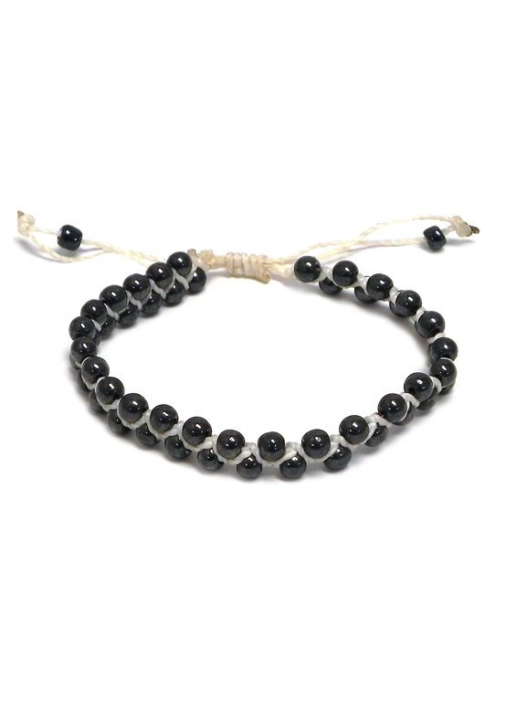 Hematite Healing Gemstone Crystal Beaded Macramé Braided String Adjustable Pull Tie Bracelet - Handmade Jewelry Boho Accessories