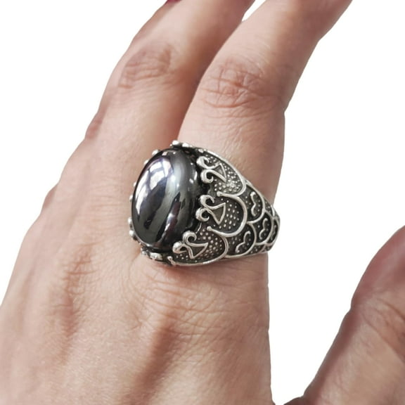 Hematite Mans Ring, Natural Hematite Mens Ring, Unisex Ring, Silver Jewelry, 925 Silver Ring, Birthday Gift, Heavy Men Ring, Arabic Design, Ottoman Style Ring, Christmas, Turkey Mens Signet Ring