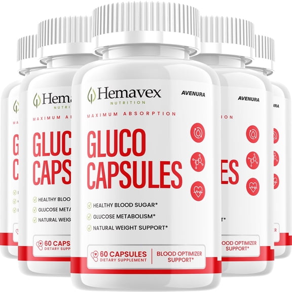Hemavex Gluco Capsules Natural Blend Advanced Formula, 5 Pack (60 Capsules per Bottle, 300 Capsules Total)