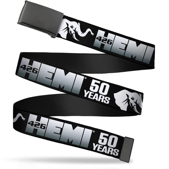Adjustable Belt, Clamp Buckle, Cut-to-Fit, Hemi 426 Elephant Logo 50 Years Black White Silver Fade